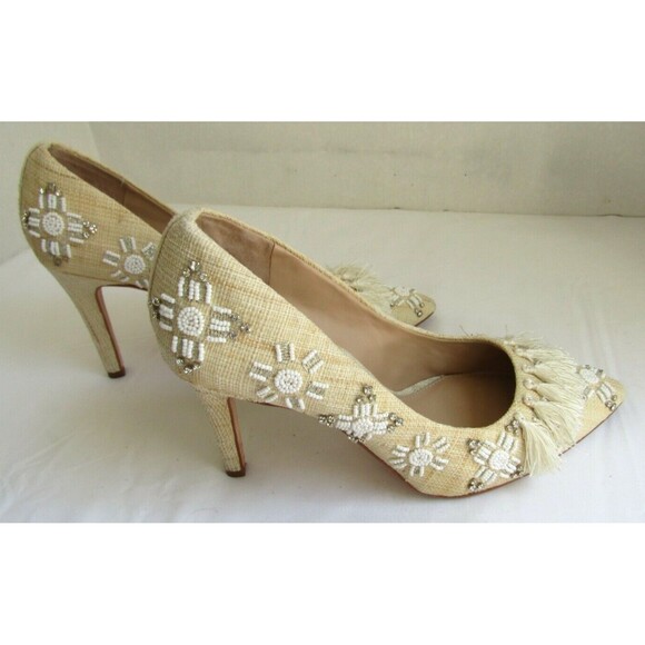 Antonio Melani Heels Beaded Rhinestones Tasseled Tan Shoes Womans Size 9.5 M - Picture 7 of 10